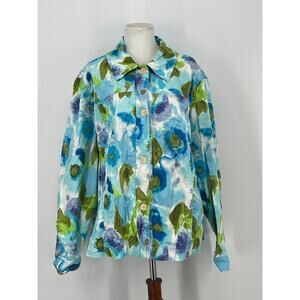 Cold Water‎ Creek Light Jacket Watercolor Blue Green Floral Women Size 2 Artsy